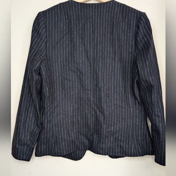 Pinstripe navy  wool v neck blazer - Picture 2 of 6